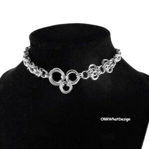 Chain Link Choker Spirals Byzantine Necklace in Stainless Steel Unique Jewelry